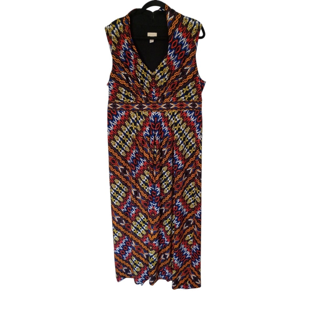 Chicos Womens Sleeveless V Neck Maxi Dress Geometric Ikat Print Multicolor Sz 10